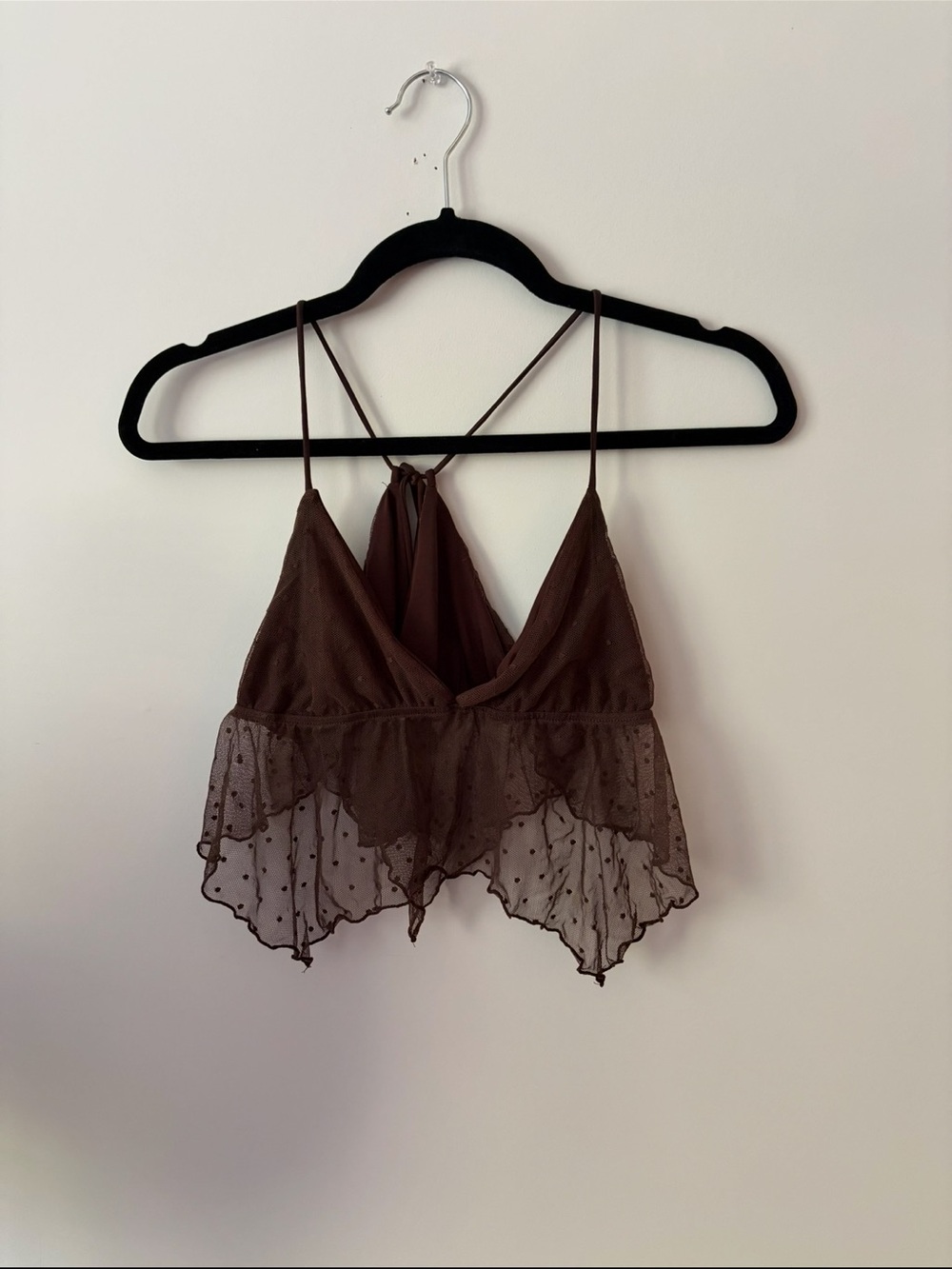 Brown Sheer Ruffle Lace Camisole Tank Top, Festival Party Evening Going Out Sexy